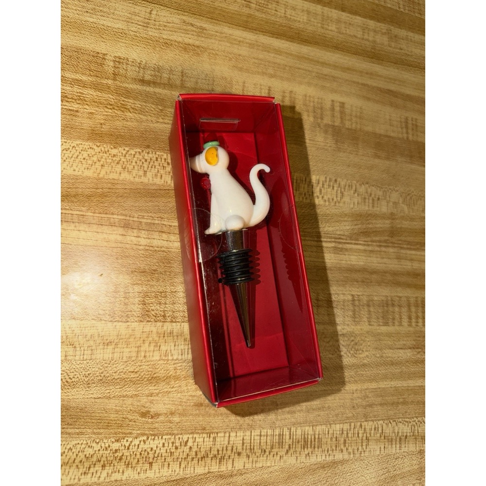 LSArts Christmas Dog Wine Bottle Stopper Glass Santa Hat Holiday Barware NIB